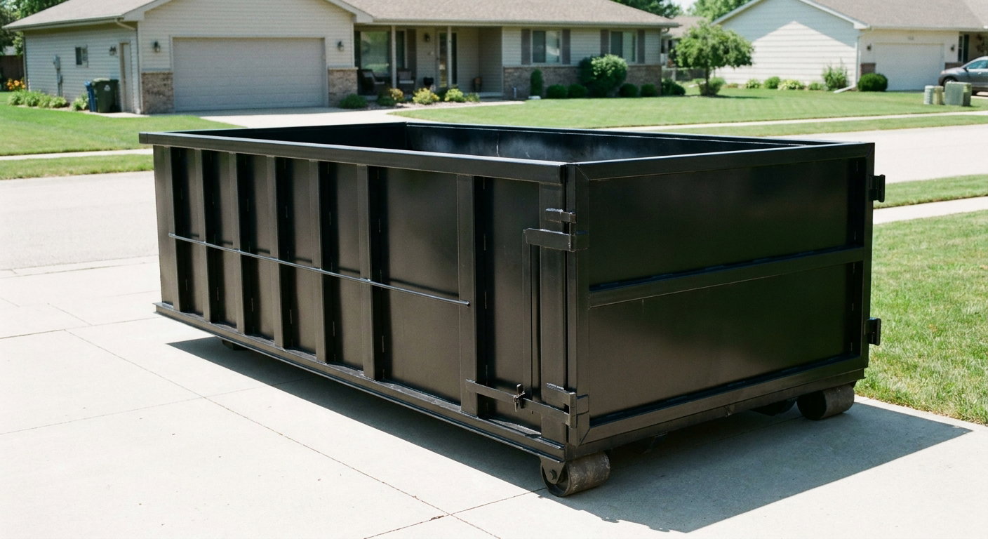 Matte-black 10-yard roll-off dumpster on a residential concrete driveway in Hollywood, uniformly painted matte black across every panel and rail, ribbed steel sidewalls and rear swing door visible, mid-day daylight.
