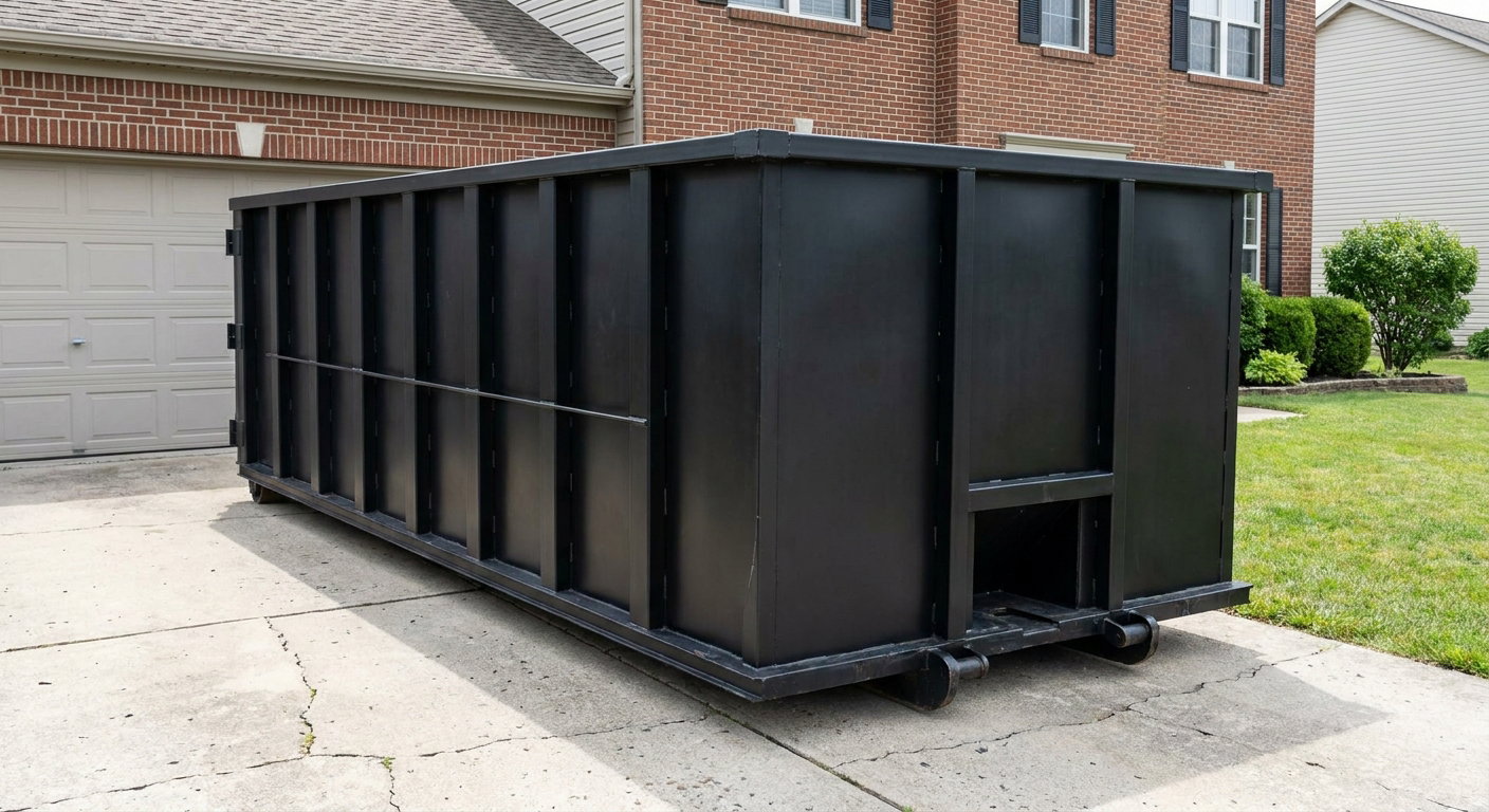 Matte-black 20-yard roll-off container on a Hollywood residential concrete driveway with reinforced ribbed steel sidewalls and a hinged rear walk-in door, clean bright daylight.