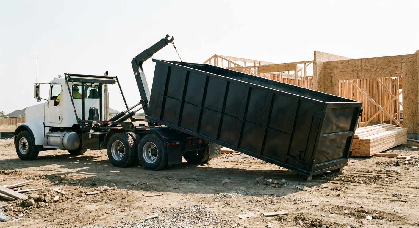 Matte-black roll-off dumpster being delivered onto a clean residential concrete driveway in Hollywood by an unmarked white hooklift hauler truck, bright morning daylight, documentary 35mm perspective.