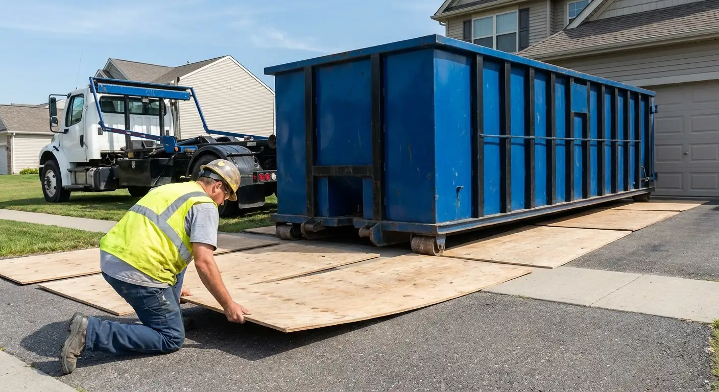 Driveway protection and delivery preparation for dumpster rental in Hollywood, FL