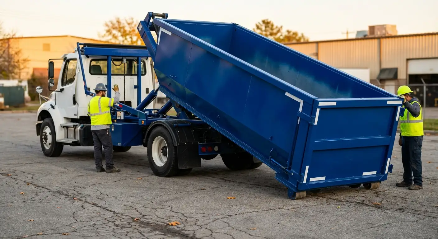 Roll-off dumpster rental truck protecting driveway surfaces in Hollywood, FL